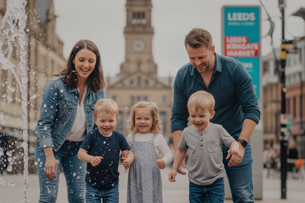 A family with young children happily playing in a fountain in Leeds city centre