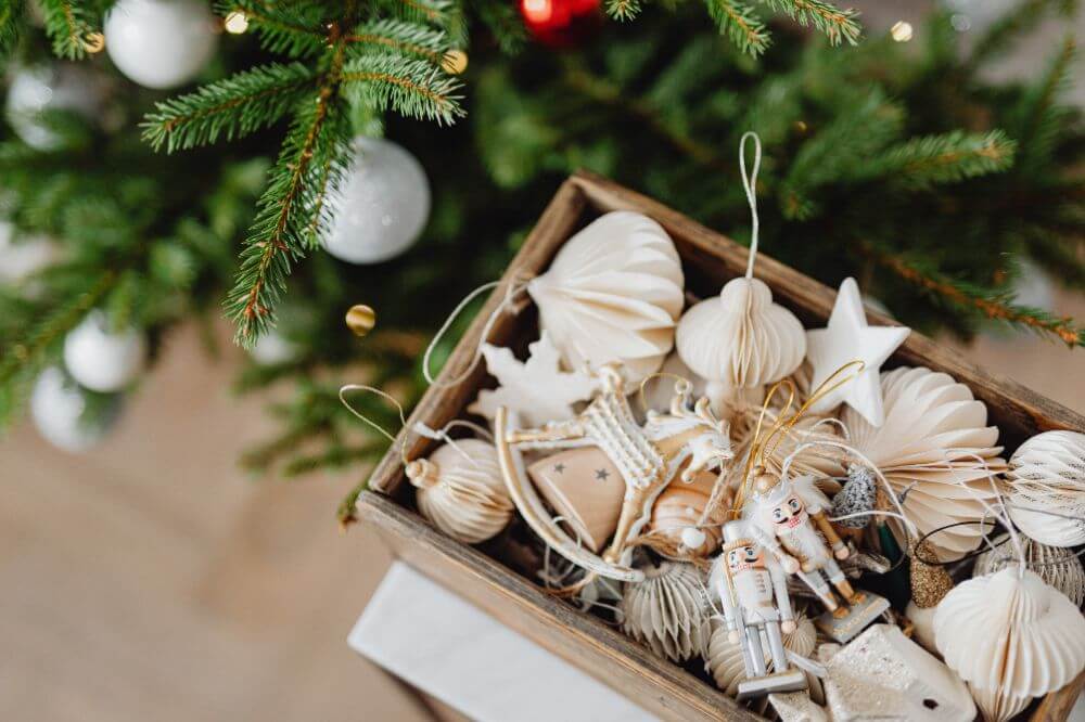 Image of Christmas decorations, ready to put on the Christmas tree. 