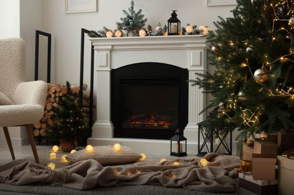 Image of a Christmas themed living room. Homeowners have used self storage at Christmas to make space for decorations.