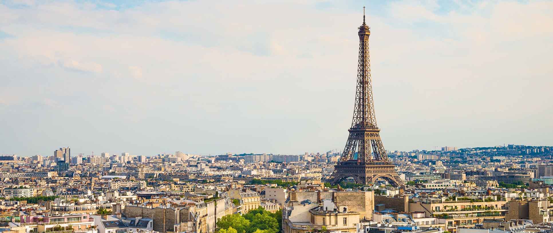 An aerial shot of Paris, France including the Eiffel Tower